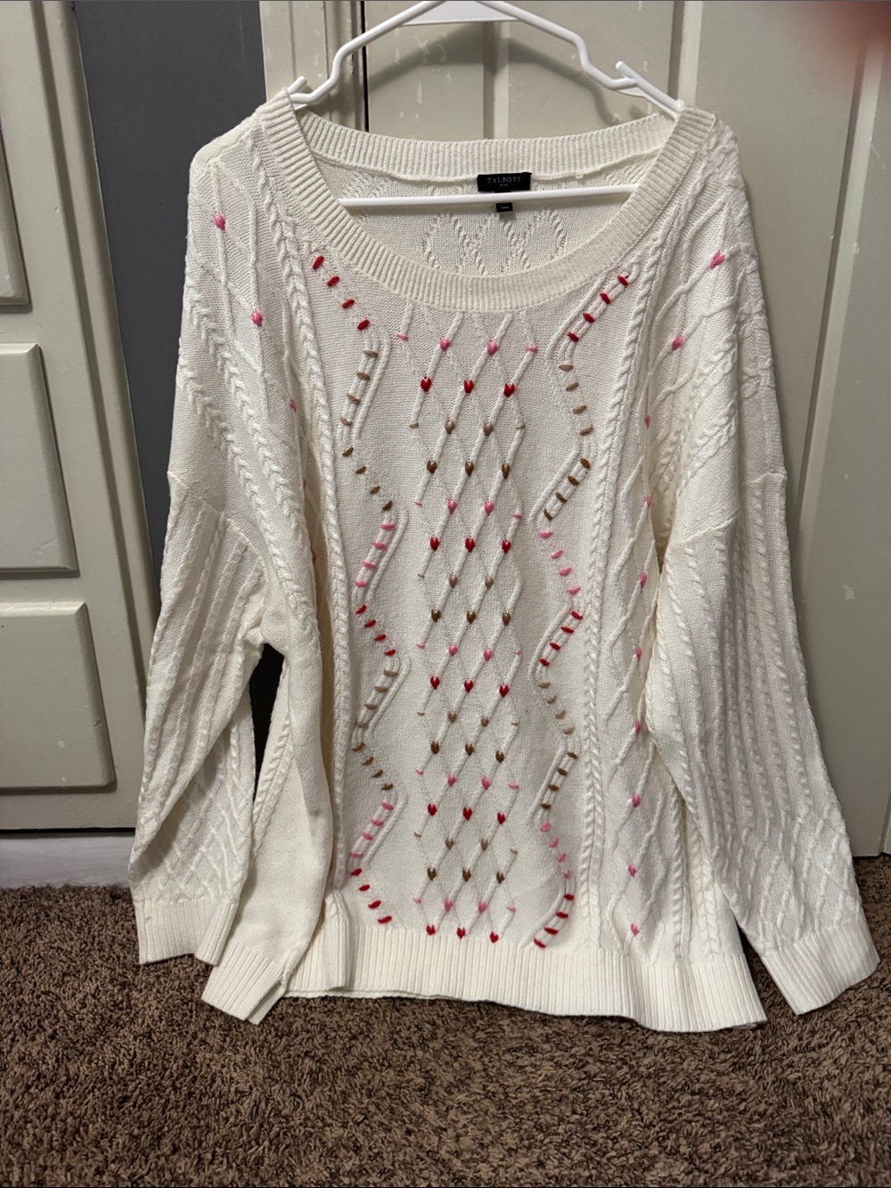 Talbots Cream Cable Knit Sweater with Pink Accent